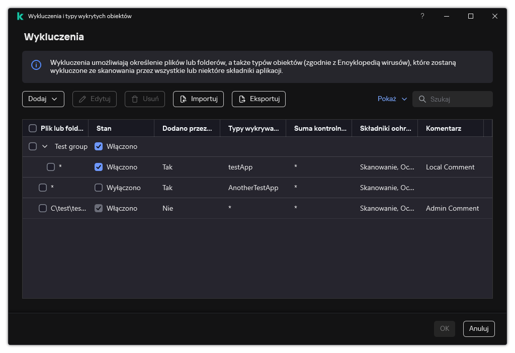 Okno z listą wykluczeń. Wyświetlane są właściwości wykluczenia. Użytkownik może dodawać, edytować lub usuwać wykluczenia.