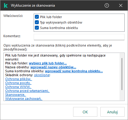 Okno z narzędziami wyboru wykluczeń. Użytkownik może wybrać plik lub folder, wprowadzić nazwę obiektu lub sumę kontrolna.