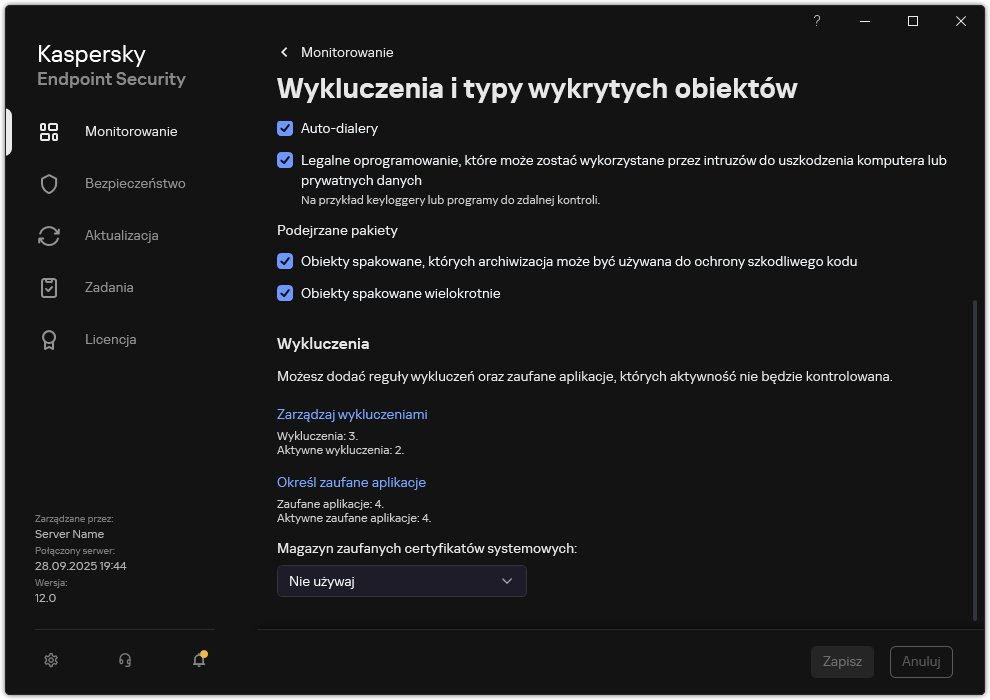 Okno ustawień wykluczeń. Użytkownik może dodawać wykluczenia i zaufane aplikacje.