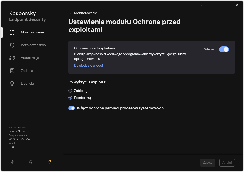 Okno ustawień modułu Ochrona przed exploitami