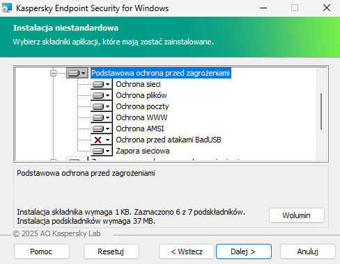 Okno instalatora z listą komponentów, które użytkownik może wybrać.