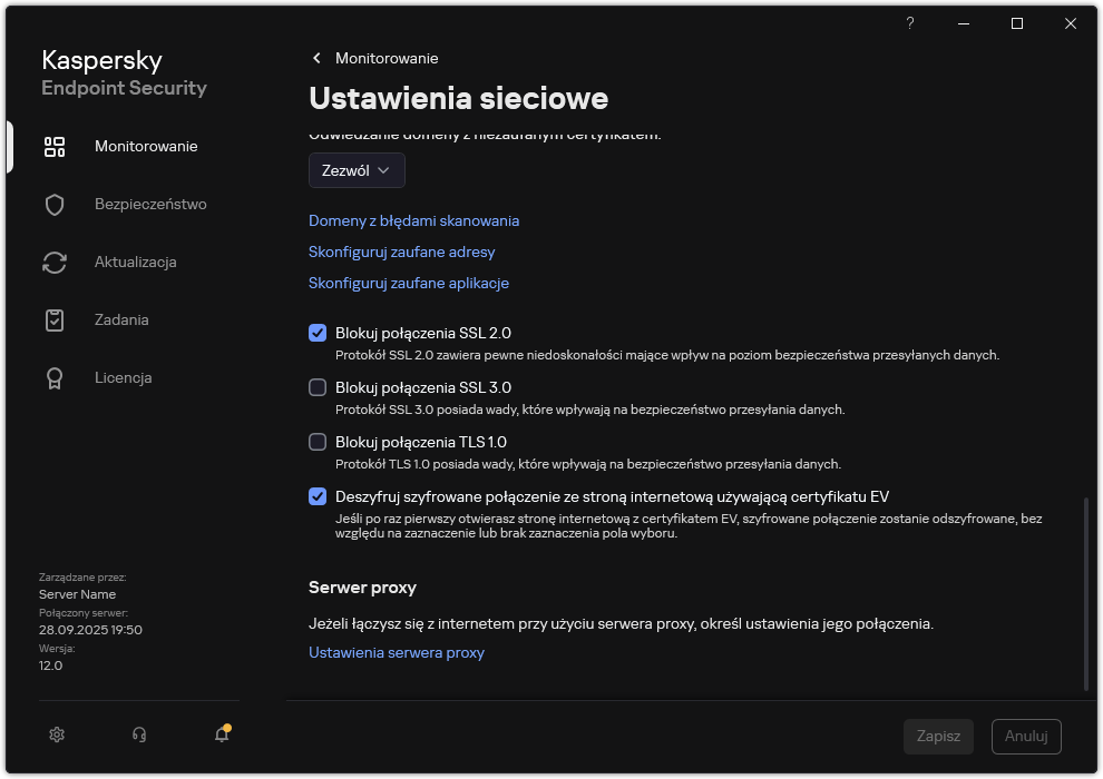 Okno ustawień sieciowych aplikacji.