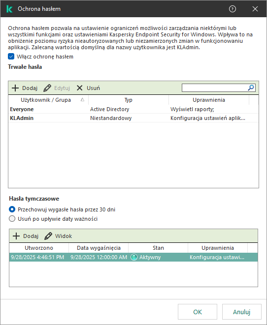 Okno zarządzania hasłami tymczasowymi.