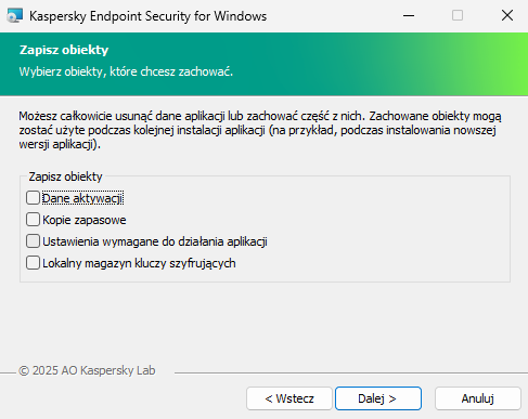 Okno instalatora z listą obiektów, które można zapisać po dezinstalacji aplikacji.