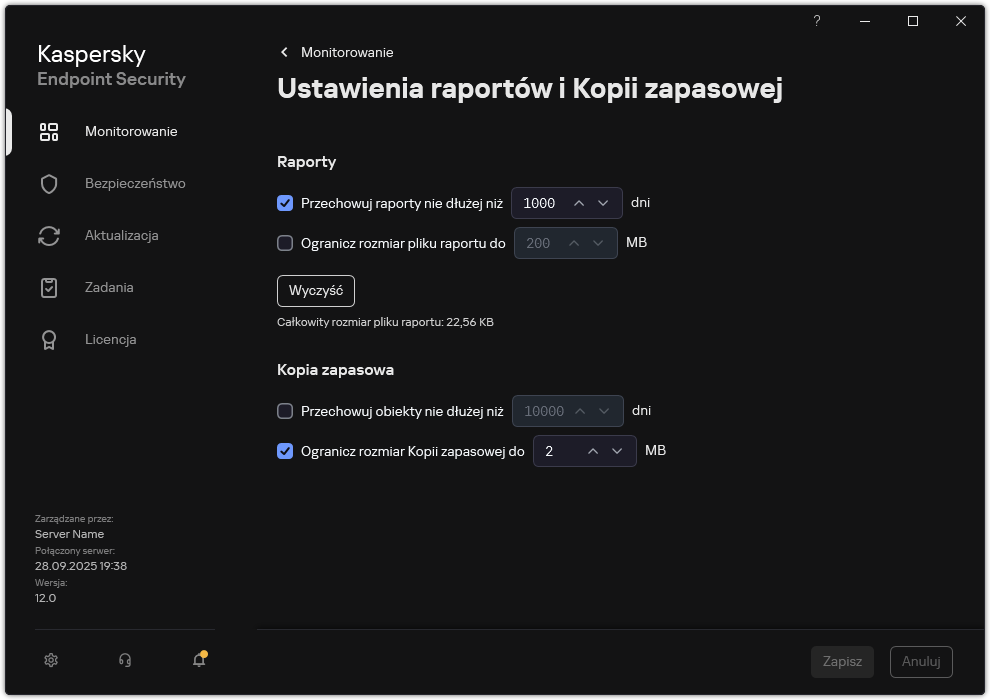 Okno ustawień Raportów i Kopii zapasowej. Użytkownik może ustawić rozmiar i ograniczyć czas przechowywania raportów i obiektów w repozytorium.