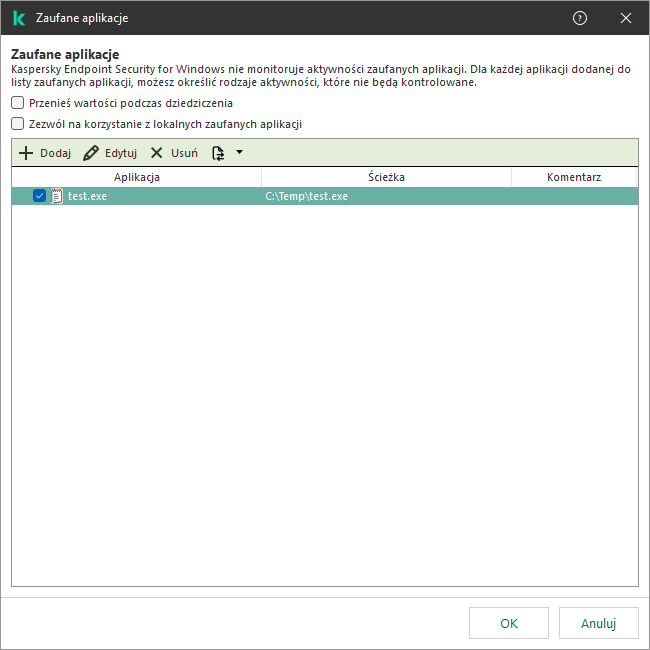 Okno z listą zaufanych aplikacji. Użytkownik może dodawać, edytować lub usuwać zaufaną aplikację.