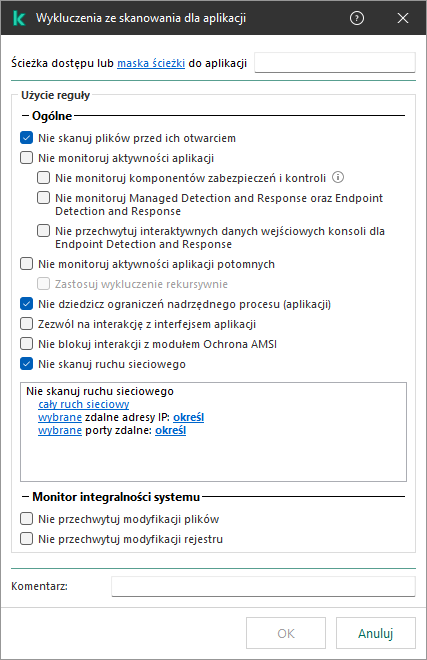 Okno z polem do wpisania ścieżki do pliku lub folderu. Można używać masek.