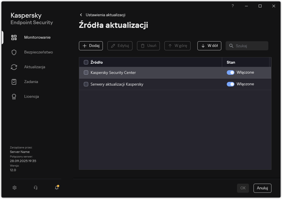 Okno z listą źródeł aktualizacji. Użytkownik może dodawać źródła aktualizacji i przypisywać im priorytet.