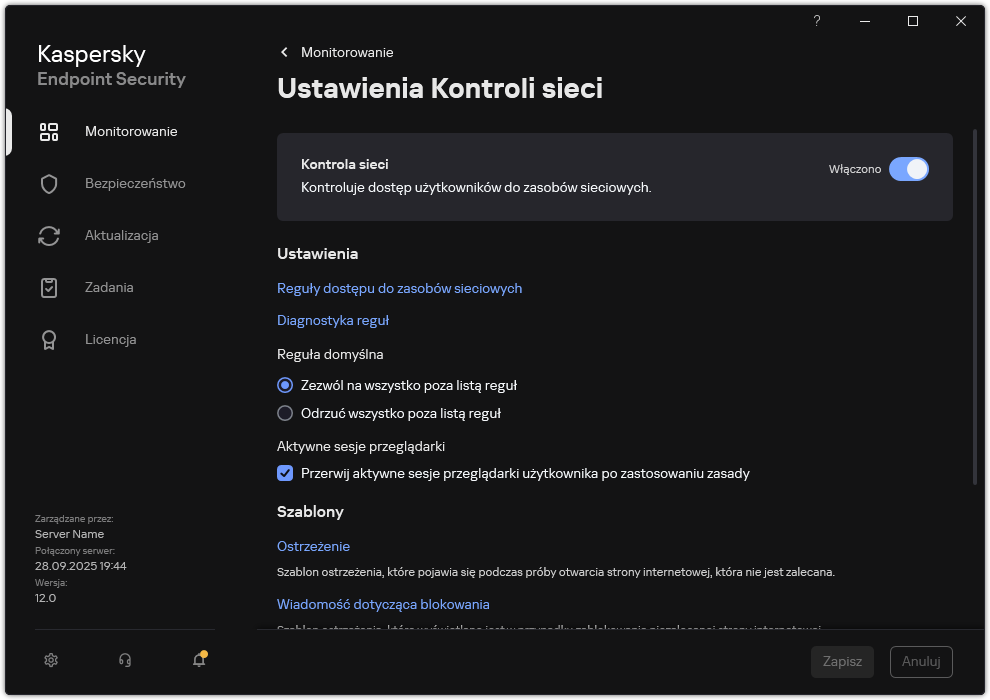 Okno ustawień Kontrola sieci.