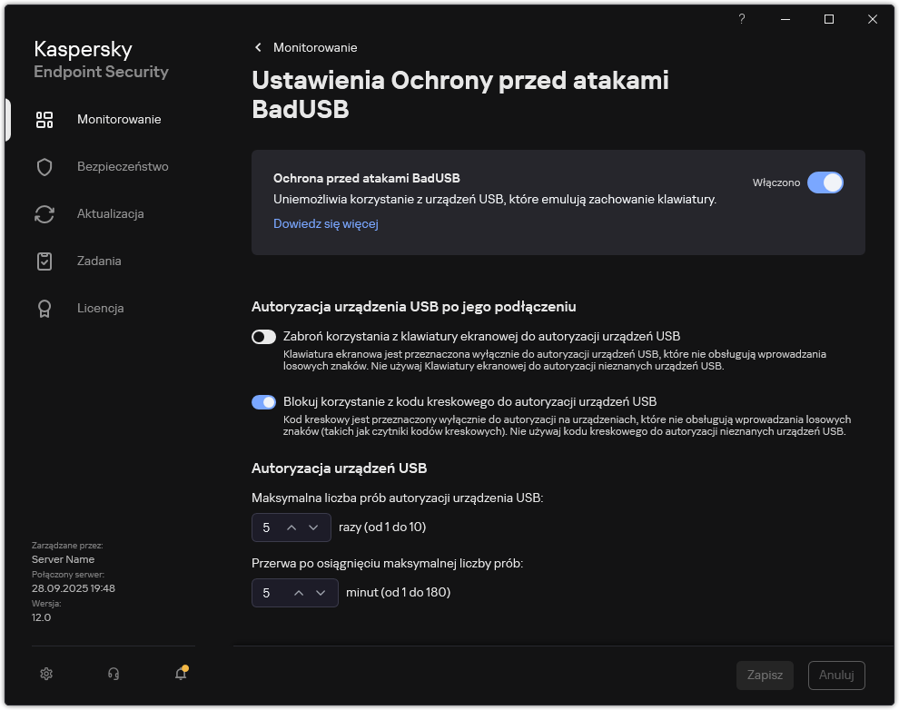 Okno ustawień zapobiegania atakom BadUSB.