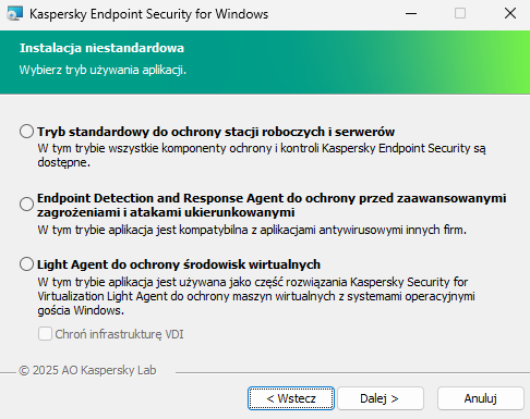 Okno instalatora umożliwiające konfigurację aplikacji: pełna funkcjonalność lub Endpoint Detection and Response Agent.