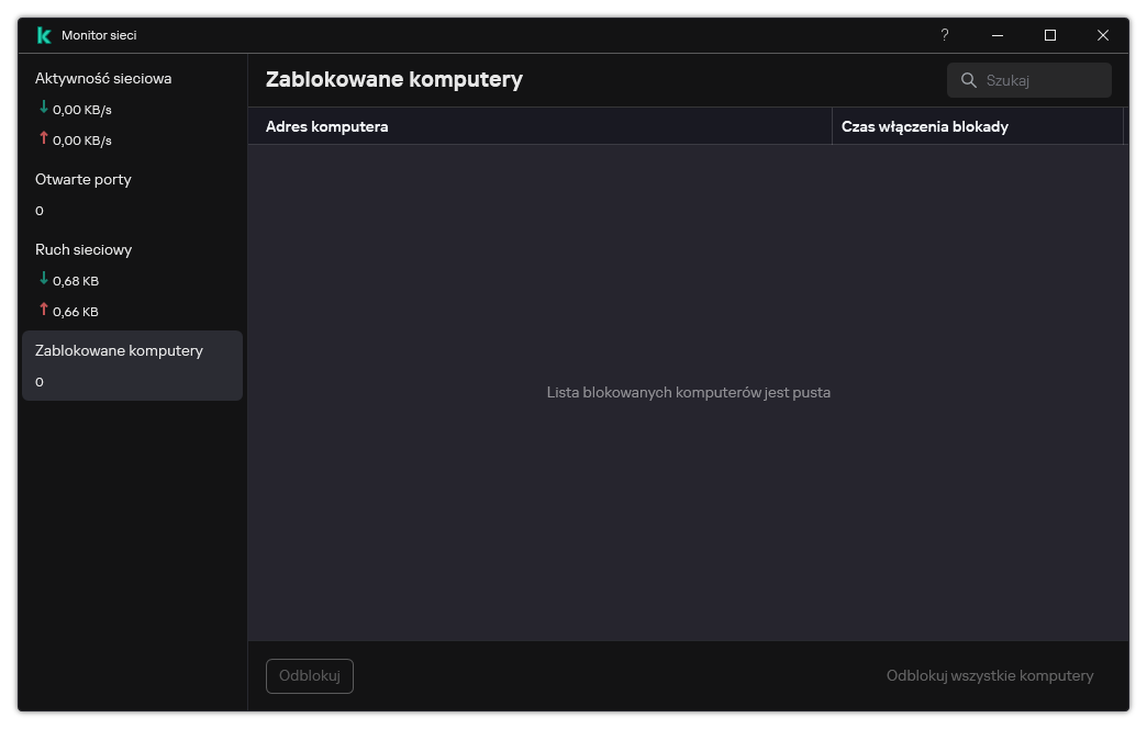 Okno Monitora sieci z listą zablokowanych komputerów. Możesz odblokować poszczególne komputery lub wszystkie komputery.