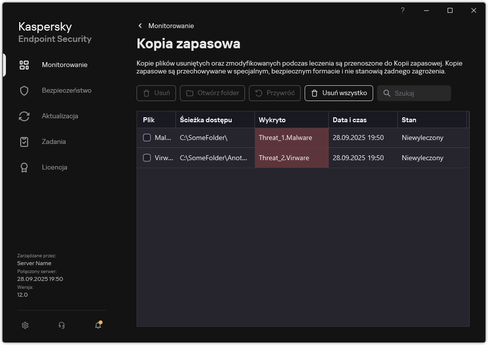 Okno kopii zapasowej.