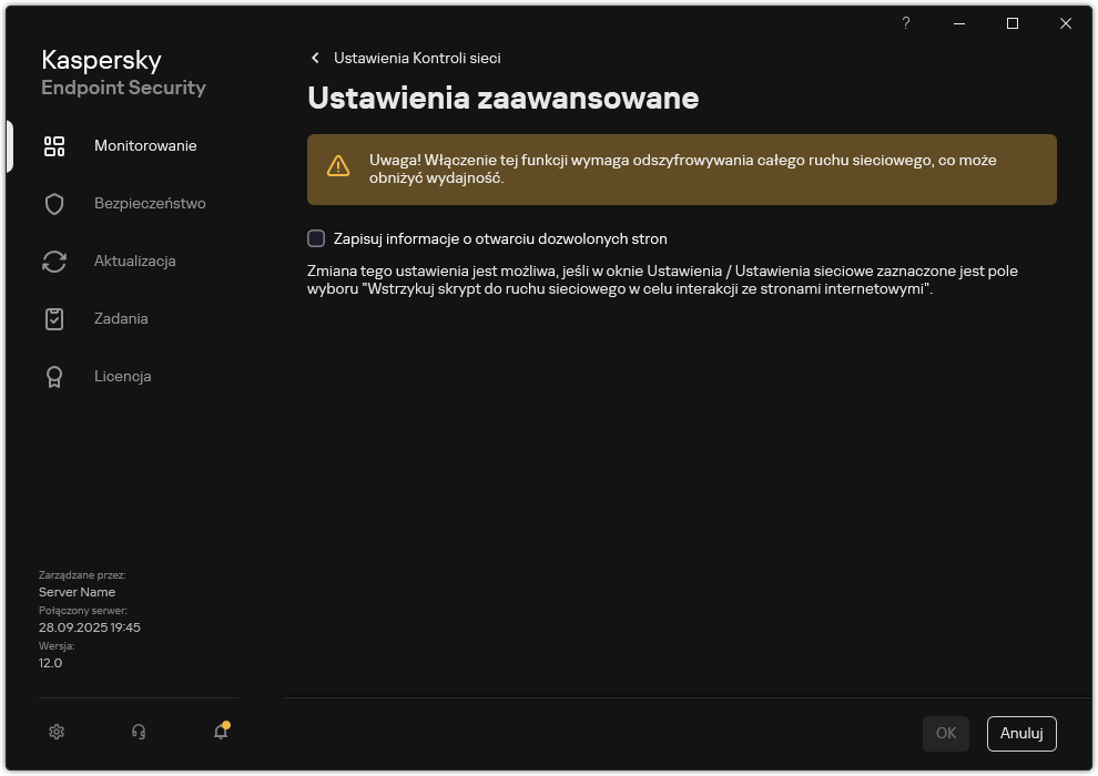 Okno ustawień zaawansowanych Kontrola sieci.