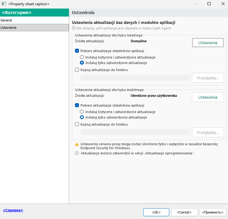 Okno Ustawienia zadania aktualizacji. Użytkownik może skonfigurować aktualizację w trybie lokalnym i mobilnym.