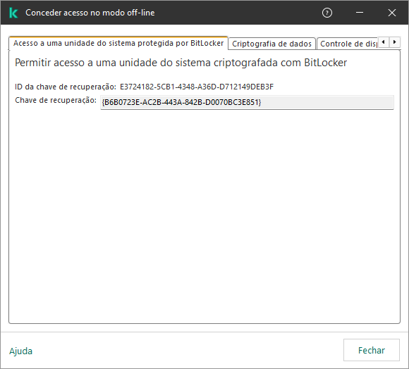Uma janela com a chave para restaurar o acesso à unidade criptografada do sistema.