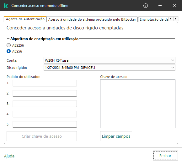 Uma janela com campos para inserir o conteúdo do pedido do utilizador e um campo para a chave gerada para aceder ao disco encriptado.