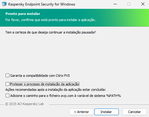 Janela de definições de instalação: proteção de instalação, compatibilidade com Citrix PVS, variável de sistema para avp.com.