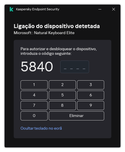A janela com o código de autorização do teclado e o teclado no ecrã. O utilizador pode inserir o código.