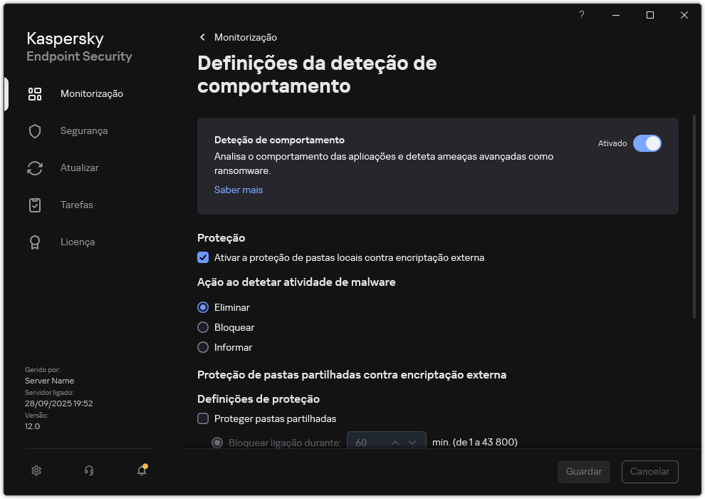 Janela de definições de Deteção de comportamento.