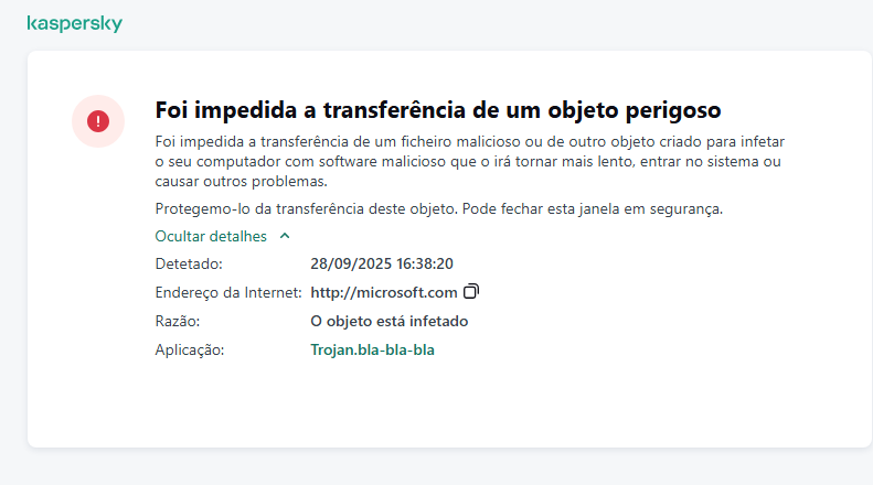 Notificação da Kaspersky sobre como impedir que objetos maliciosos sejam carregados na janela do navegador.