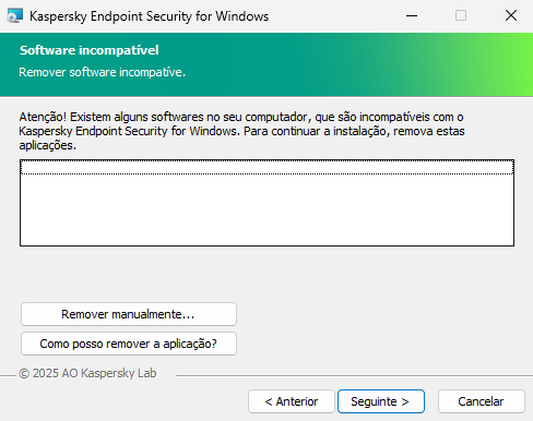 Janela de instalação com uma lista do software incompatível. O utilizador pode iniciar a remoção do software incompatível.