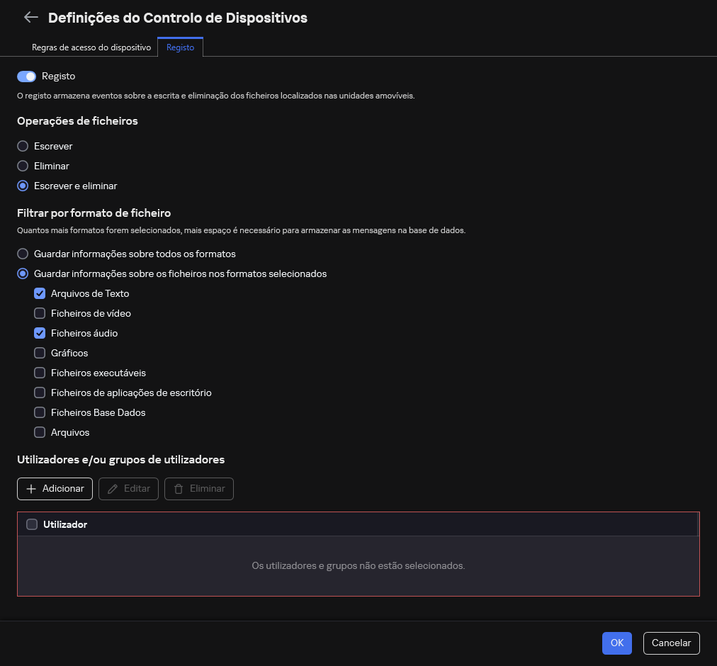 A janela para configurar o registo de eventos sobre o uso de unidades amovíveis. O utilizador pode selecionar os eventos a serem registados.