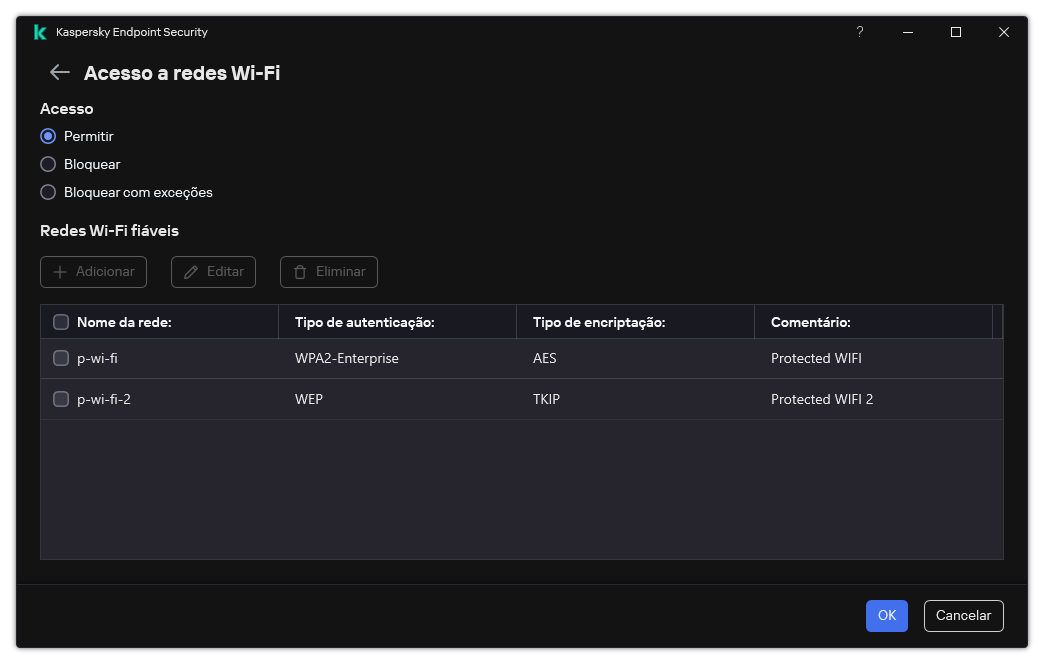 Uma janela com a lista de redes Wi-Fi. O utilizador pode configurar o acesso a todas as redes Wi-Fi e adicionar redes Wi-Fi fiáveis.