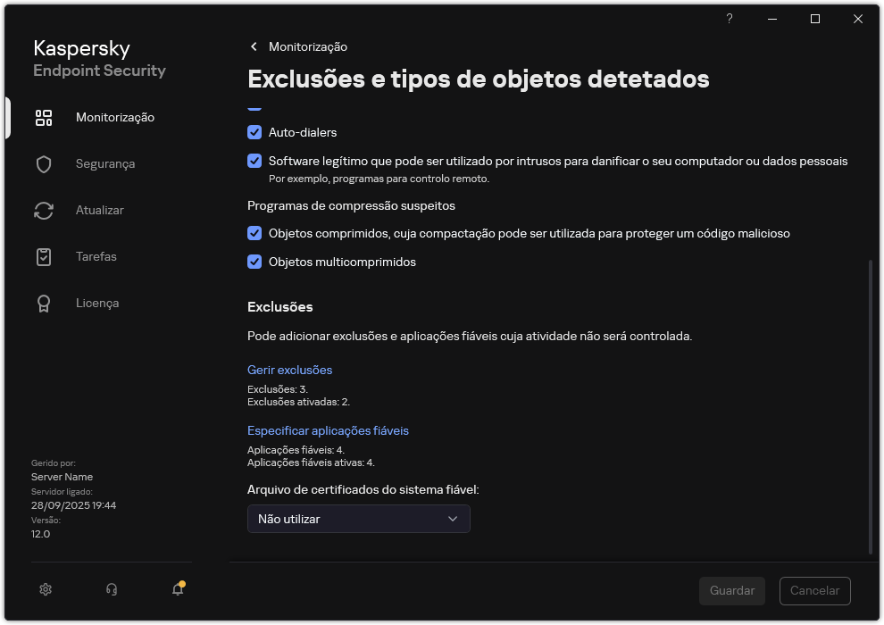 Janela de definições de exclusão. O utilizador pode adicionar exclusões e aplicações fiáveis.