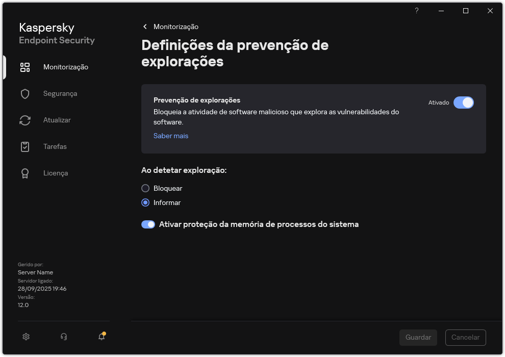 Janela das Definições da prevenção de explorações
