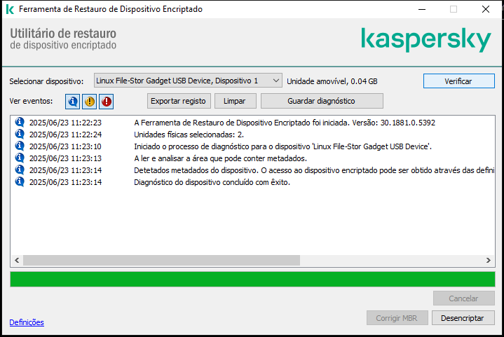 Uma janela com a lista de eventos do utilitário. O utilizador pode executar diagnósticos e desencriptar o dispositivo selecionado.