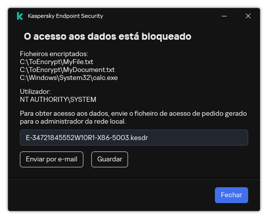 Uma janela com um ficheiro de pedido para aceder a dados encriptados. O utilizador pode guardar o ficheiro gerado no disco ou enviá-lo por e-mail.