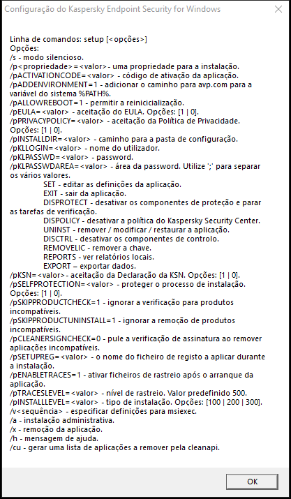 Janela a descrever as opções de comando para instalar a aplicação via CMD.