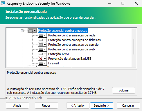 Janela de instalação com uma lista de componentes que um utilizador pode selecionar.