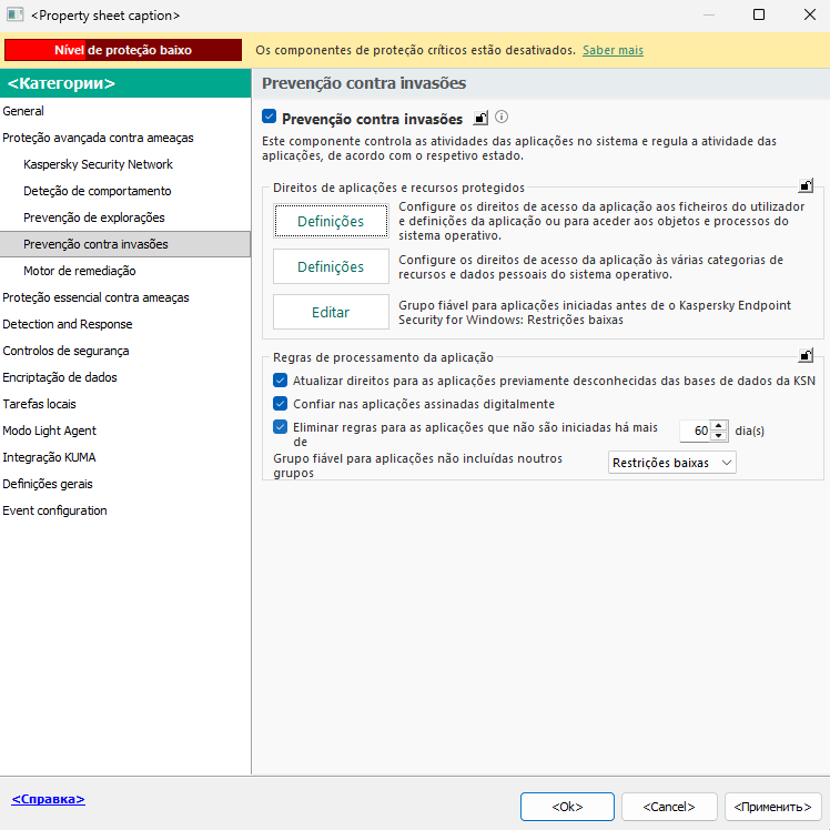 Janela de definições de Prevenção contra intrusões.