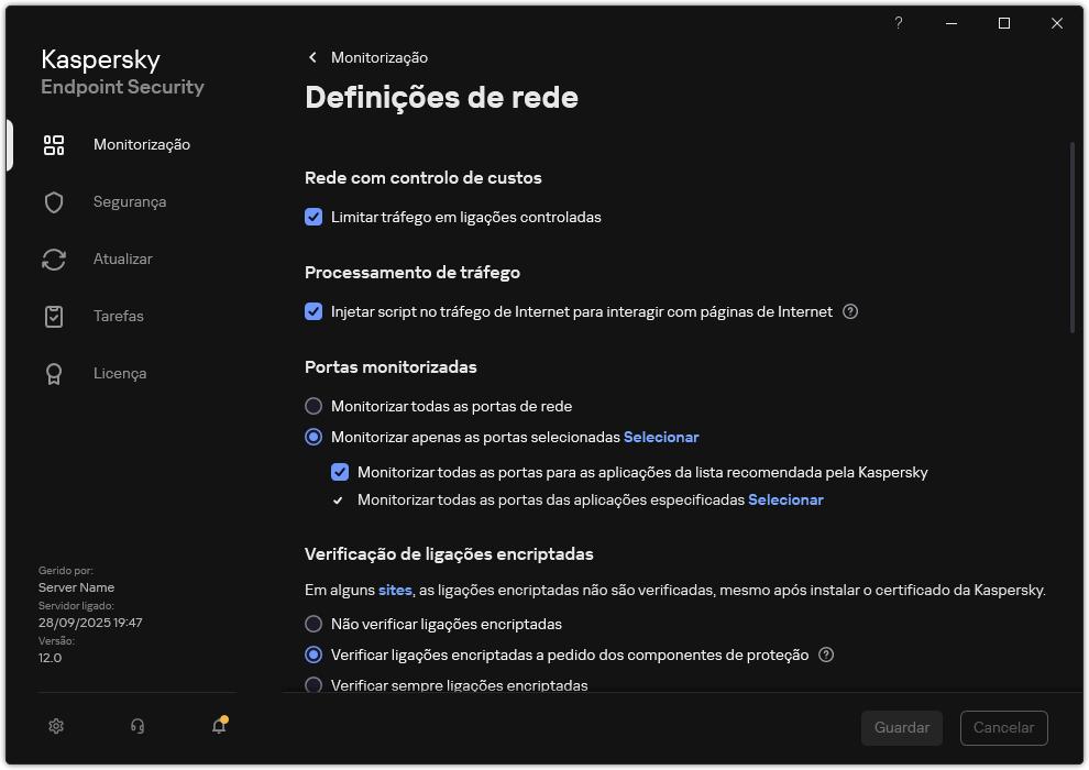 Janela de definições de rede da aplicação.