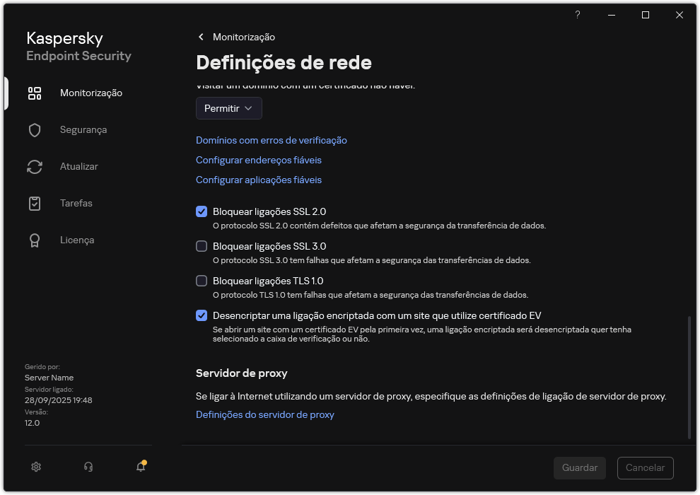 Janela de definições de rede da aplicação.