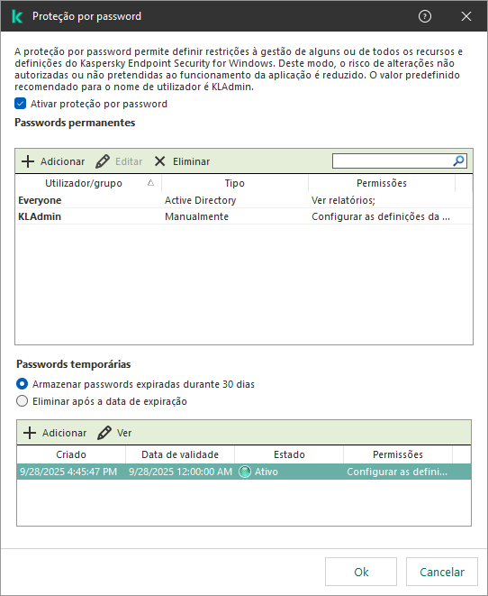 Janela de gestão de passwords temporárias.