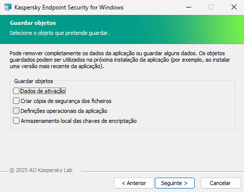 Janela de instalação com uma lista dos objetos que podem ser guardados após a remoção da aplicação.