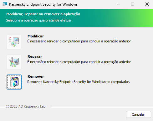 Janela de instalação com uma lista de operações disponíveis: alterar o conjunto de componentes, reparar a aplicação, remover a aplicação.