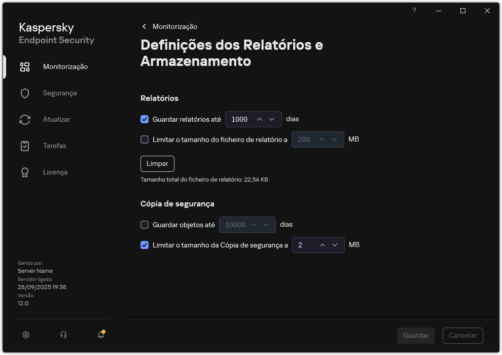 Janela de definições de Relatórios e Armazenamento. O utilizador pode definir o tamanho e limitar o tempo de armazenamento de relatórios e objetos no repositório.