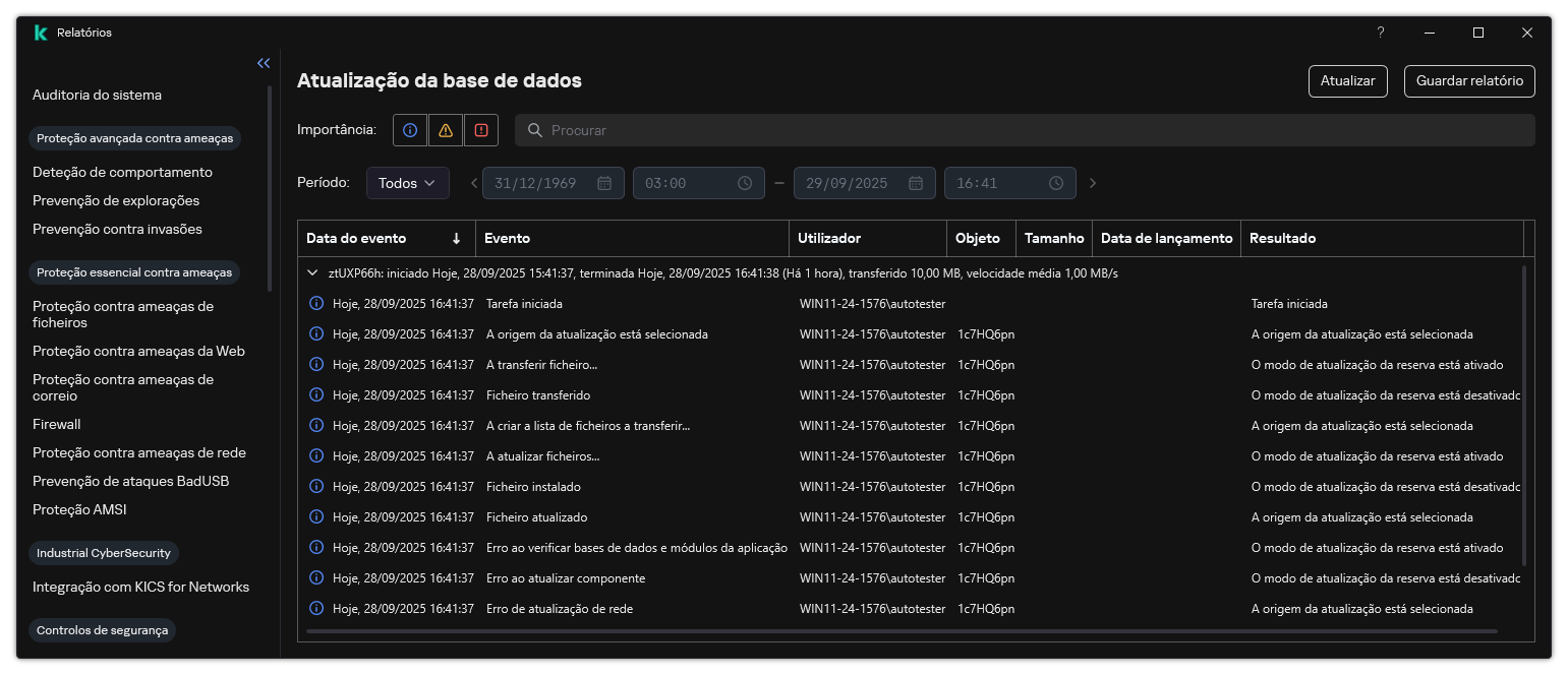 Uma janela com a lista de eventos no relatório. O utilizador pode filtrar/ordenar eventos e guardar relatórios num ficheiro.