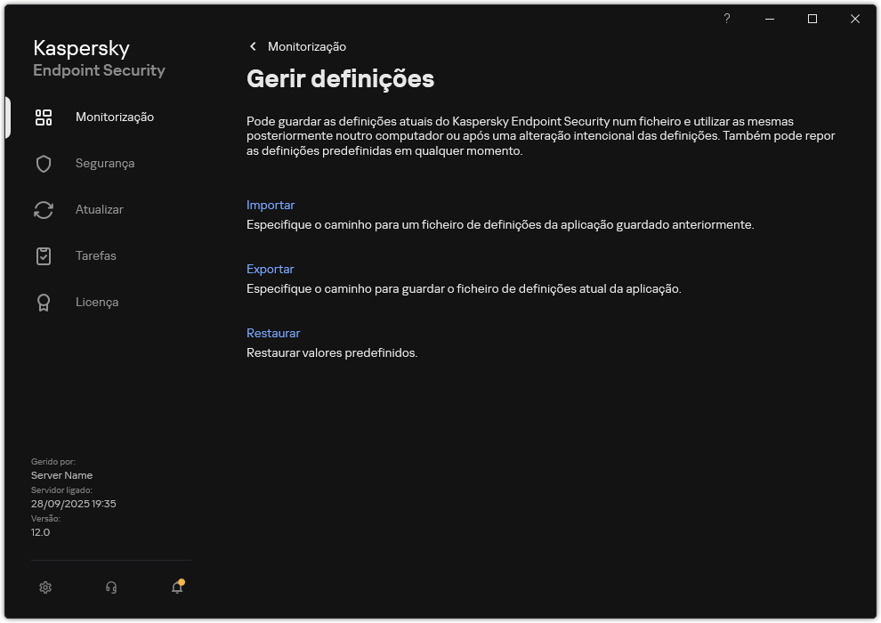 Janela de definições de exclusão. O utilizador pode exportar, importar ou restaurar as definições da aplicação.