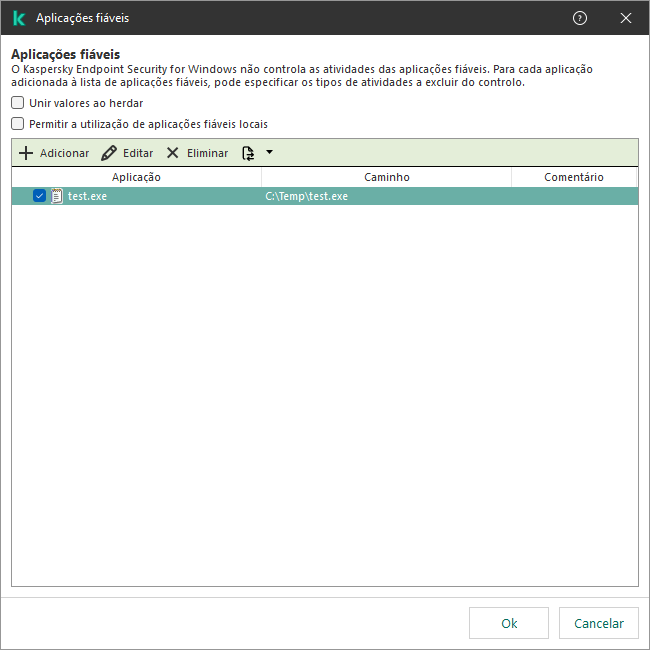 Uma janela com a lista de aplicações fiáveis. O utilizador pode adicionar, editar ou remover uma aplicação fiável.