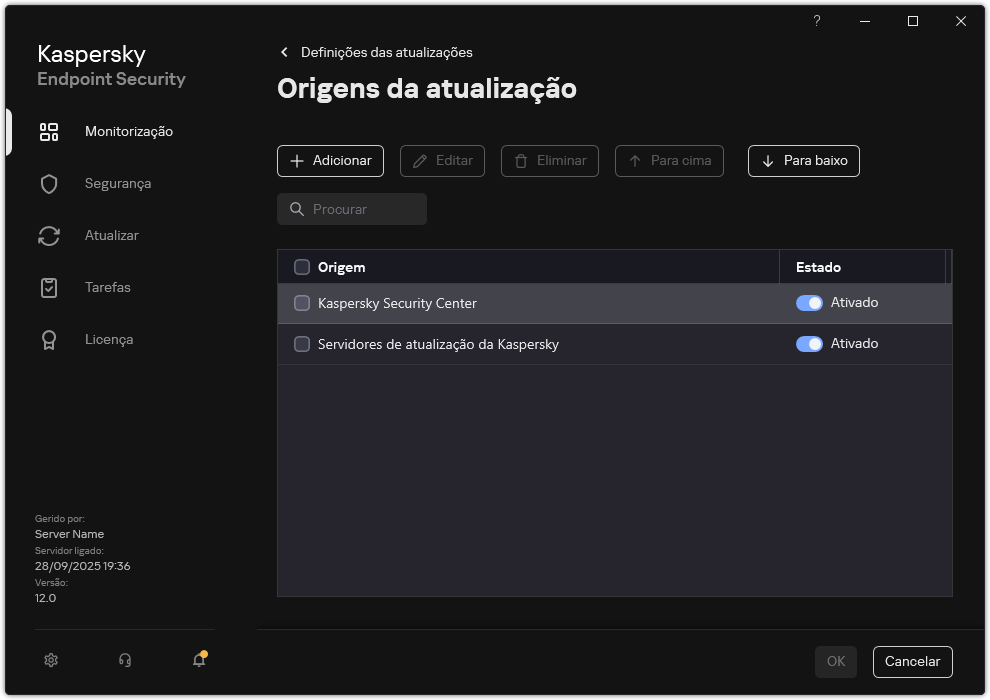 Uma janela com a lista das origens de atualização. O utilizador pode adicionar origens de atualização e atribuir uma prioridade à origem.