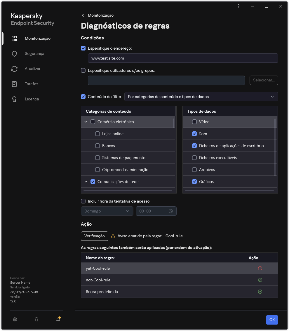 Janela de resultados do teste do recurso da Web.