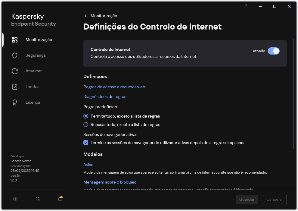 Janela de definições do Controlo de Internet.