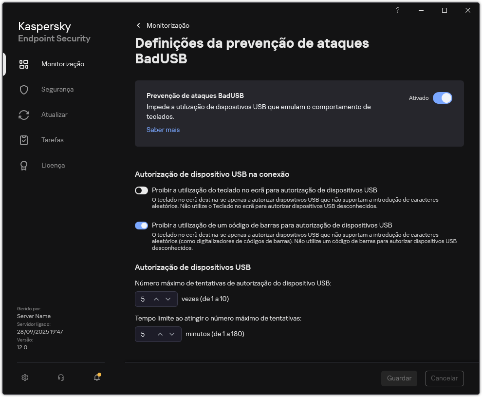 Janela de definições de Prevenção de ataques BadUSB.