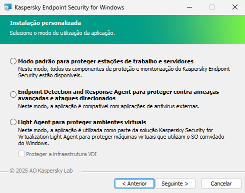 Janela do instalador com configuração da aplicação: funcionalidade completa ou Endpoint Detection and Response Agent.