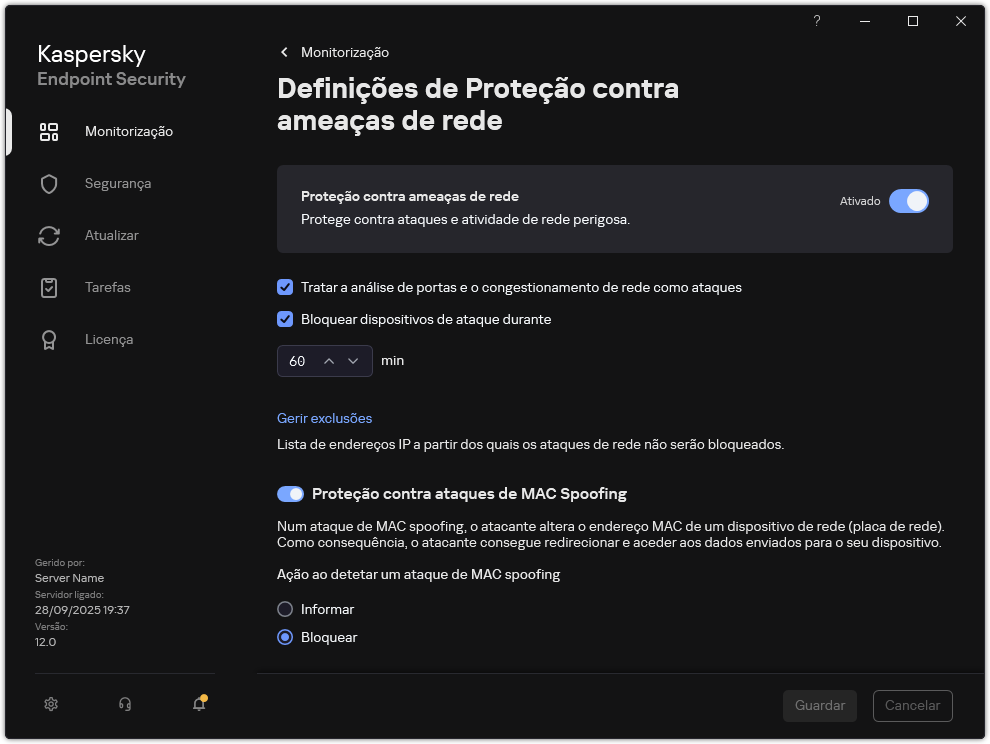 Janela de definições da Proteção contra ameaças de Rede